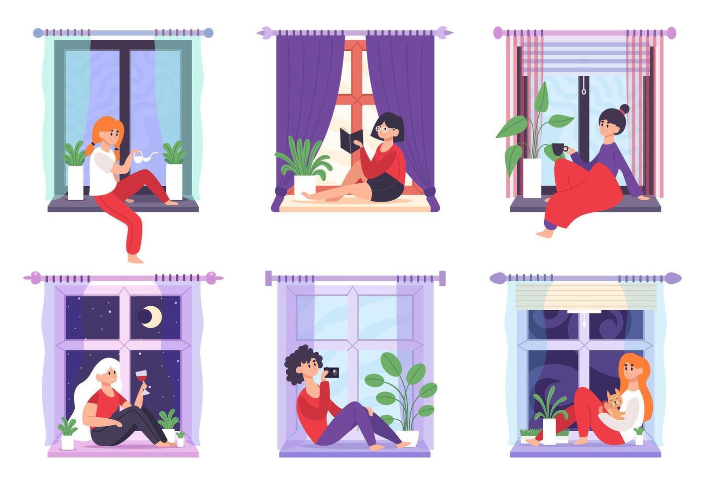 meninas dentro janelas. jovem mulheres sentado em peitoril da janela, pensamento, lendo e bebendo café, acolhedor casa diversão vetor ilustração ícones conjunto