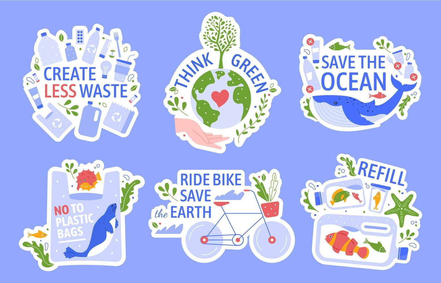 ecologia protegendo. Salve  a ambiente, zero desperdício, Salve  a oceano e reciclar conceito vetor ilustração ícones definir. verde paz, anti plástico. eco Ação, reutilizando. ecológico adesivos com slogans