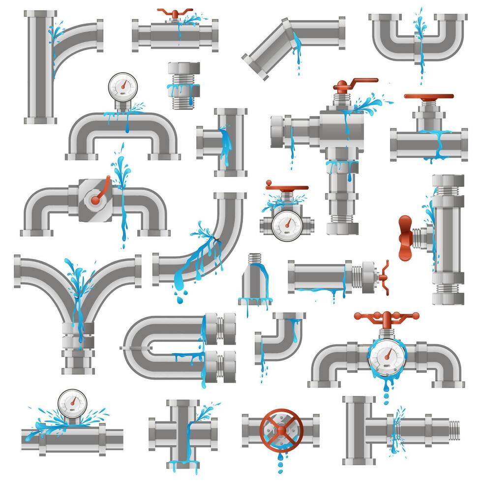 água tubo vazar. quebrado estragado metal tubos, tubo gotejante rachadura, indústria metal tubo tubos danificar vetor ilustração ícones conjunto