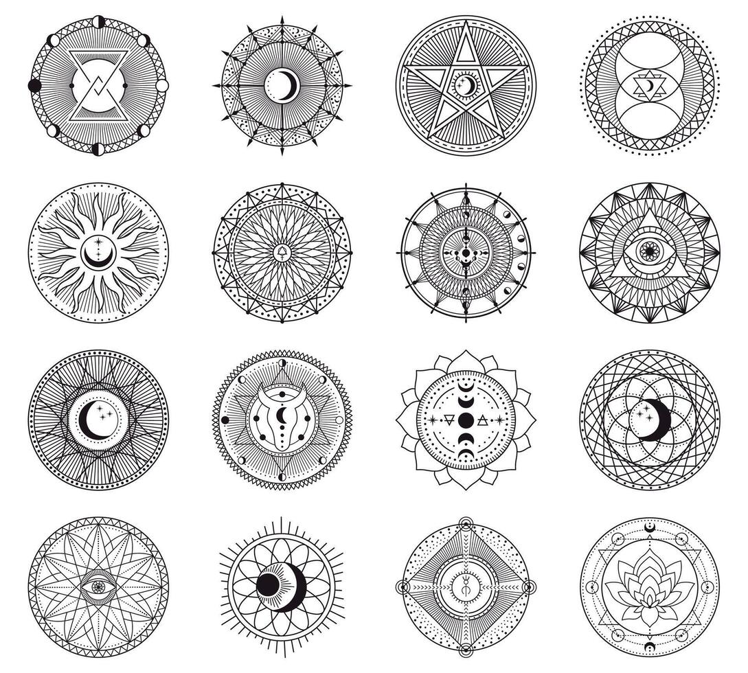 feitiçaria circular símbolos. mágico soletrar círculo, esotérico feitiçaria mistério sinais, oculto Magia soletrar círculo vetor ilustração ícones conjunto