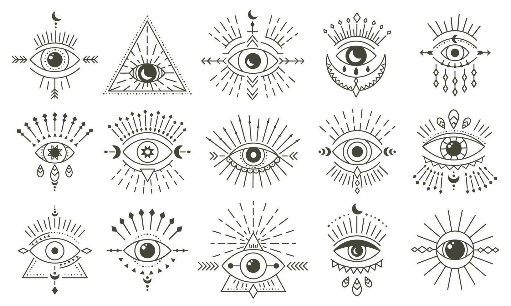 mal rabisco olho. mão desenhado Magia feitiçaria olho talismã, mágico esotérico olhos, religião sagrado geometria símbolos vetor ilustração ícones conjunto