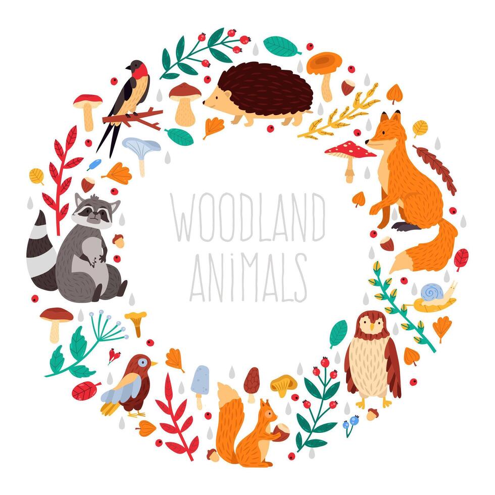 outono animais guirlanda. fofa desenho animado outono animais, folhas e cogumelos, bosque pássaros e animais guirlanda vetor ilustração ícones conjunto