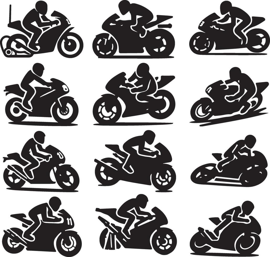 mínimo conjunto do moto gp cavaleiro pose vetor ícone dentro plano estilo Preto cor silhueta, branco fundo 3