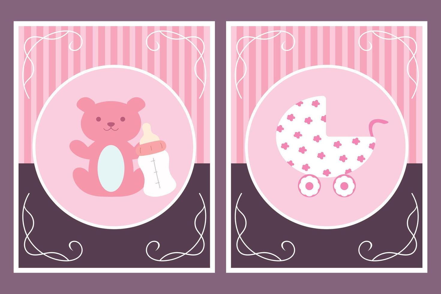 modelo cartões com bebê transporte e Urso de pelúcia Urso para garota. para bebê chuveiro ou cumprimento cartão. vetor ilustração