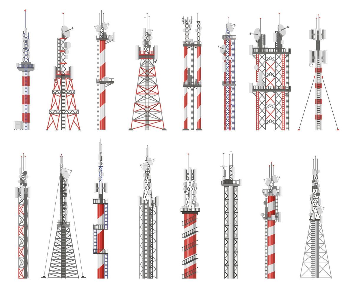 transmissão tecnologia torre. comunicação antena torre, sem fio rádio sinal estação. celular rede torre vetor ilustração ícones conjunto