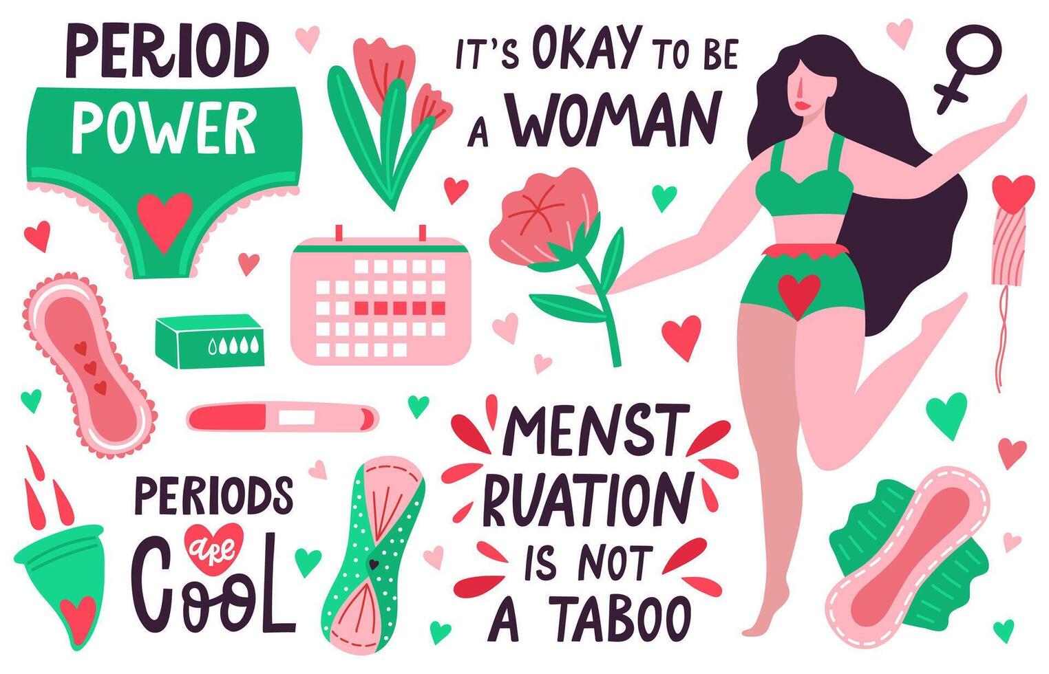 fêmea períodos. menstruação higiene ferramentas, período xícara, sanitário almofada, períodos calendário. fêmea menstrual período proteção vetor ilustração conjunto