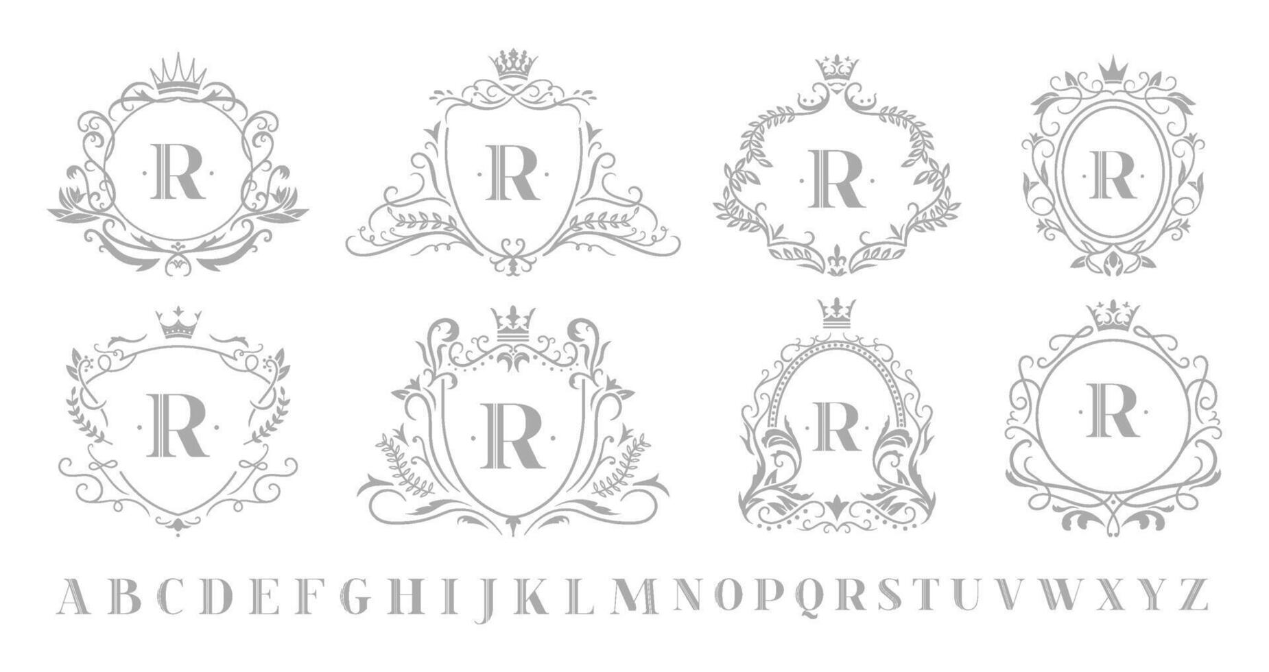 vintage monograma emblema. retro arte ornamental luxo emblemas, real coroa monogramas guirlanda e Casamento redemoinhos quadro, Armação vetor ilustração conjunto