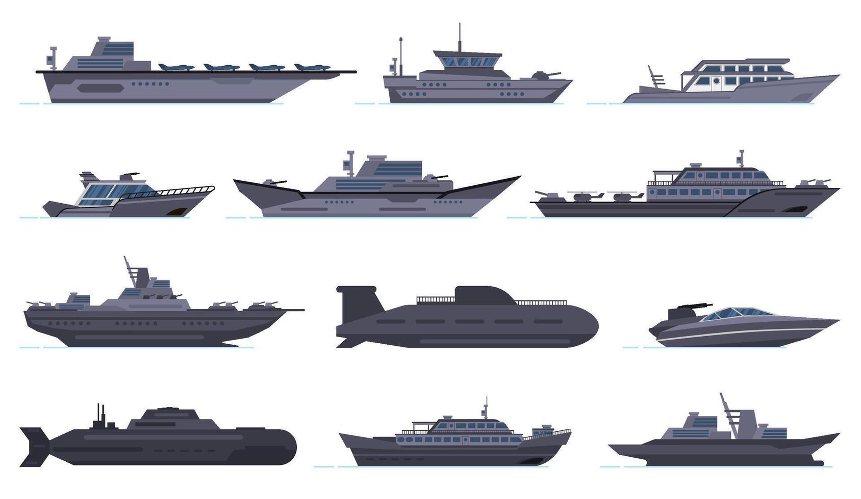 militares navios. batalha combate barcos, míssil enviar, segurança barcos, moderno navios de guerra e submarino, exército arma navios de guerra vetor ícones conjunto