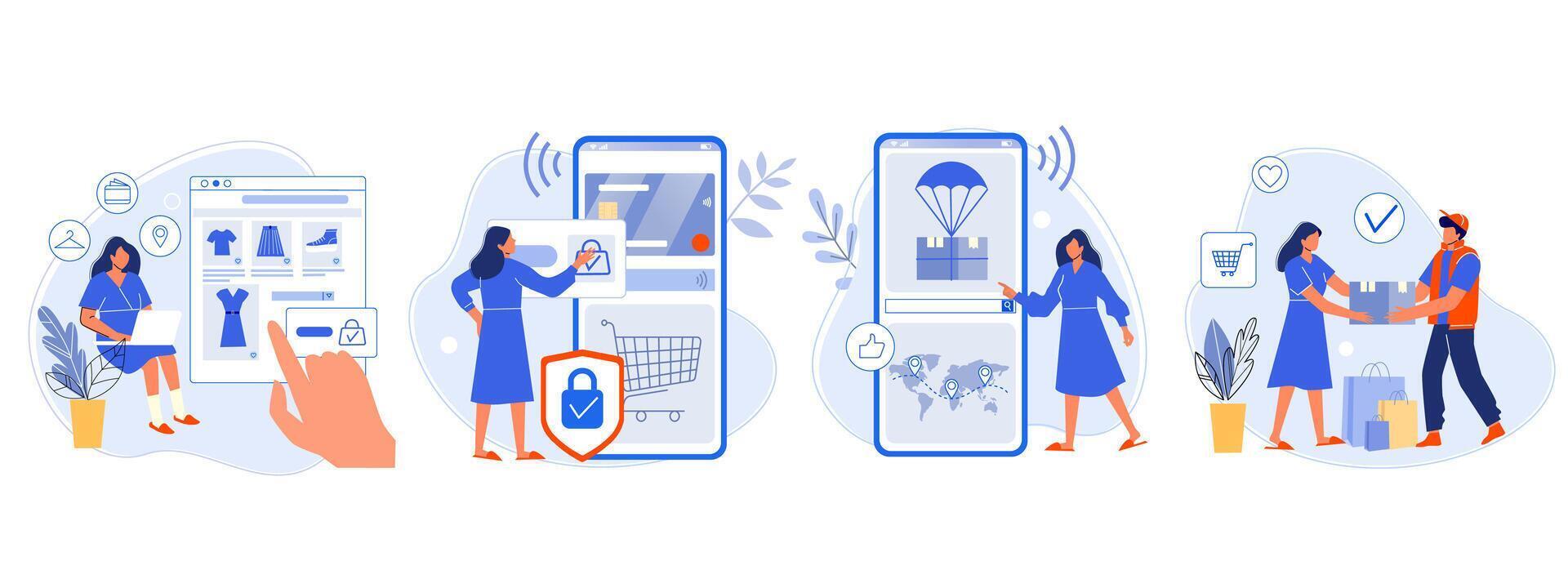 conectados compras. comprador escolhido bens, pago para Móvel bancário, rastreamento parcela pacote e cliente Entrega. conectados ordem plano vetor ilustração. compra processo com quatro passos. comprador, e loja