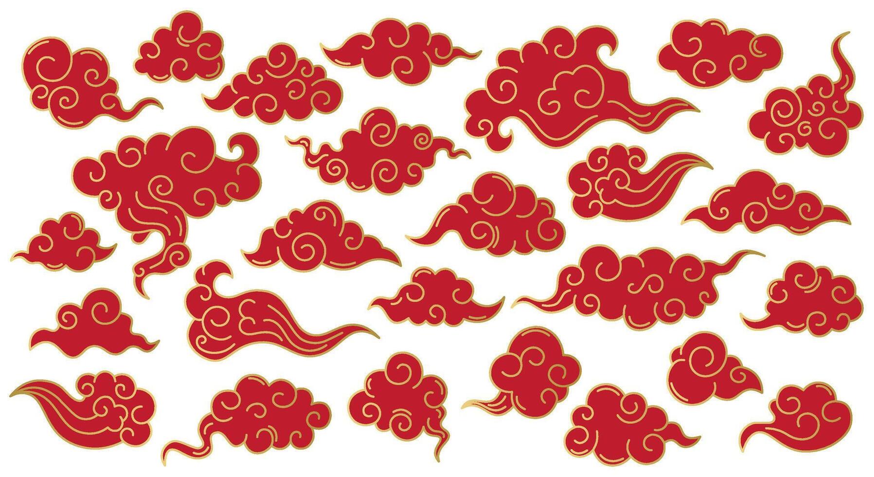 japonês oriental nuvens. ásia tradicional céu nuvens, coreano rabisco ornamento. chinês oriental decorativo vetor símbolos