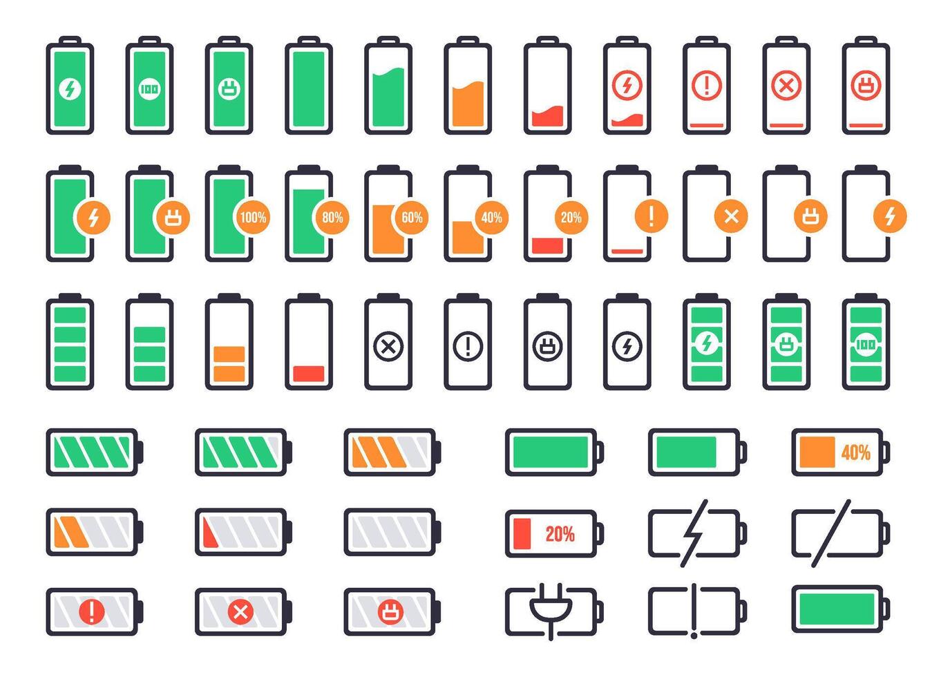 bateria cobrando logotipo. carregar poder nível, Smartphone acumulador energia status. célula telefone bateria sinal indicadores vetor isolado ícones definir. esvaziar e cheio bateria status em branco fundo