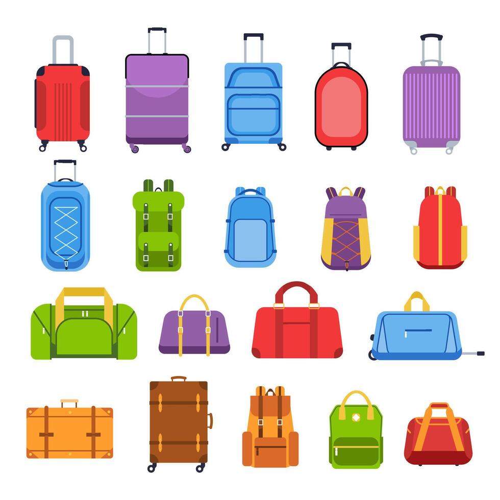 Bagagem malas. bagagem e lidar com bolsas, mochilas, couro caso, viagem malas e saco para viagem, turismo e período de férias isolado vetor ícones definir. viagem engrenagem multicolorido plano ilustrações