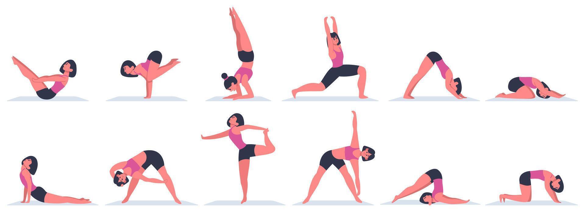 ioga mulher. jovem fêmea personagem fazendo ioga asanas, fisica exercícios para saudável estilo de vida. vários ioga posições vetor ilustrações