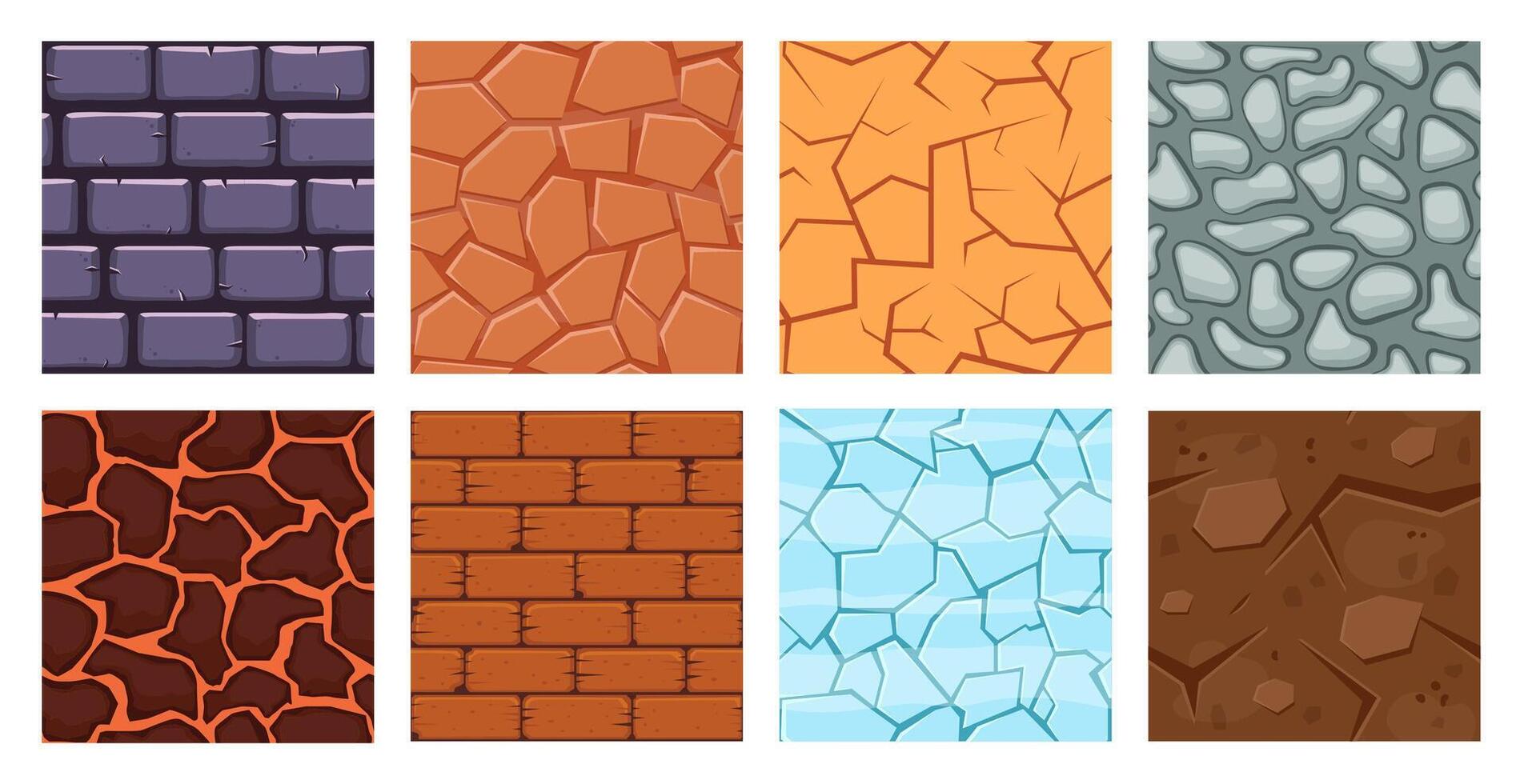 desenho animado jogos chão. textura jogos tijolo superfície, gelo, tijolos arenoso deserto e sujeira terra camadas para jogos nível Projeto vetor ilustração conjunto