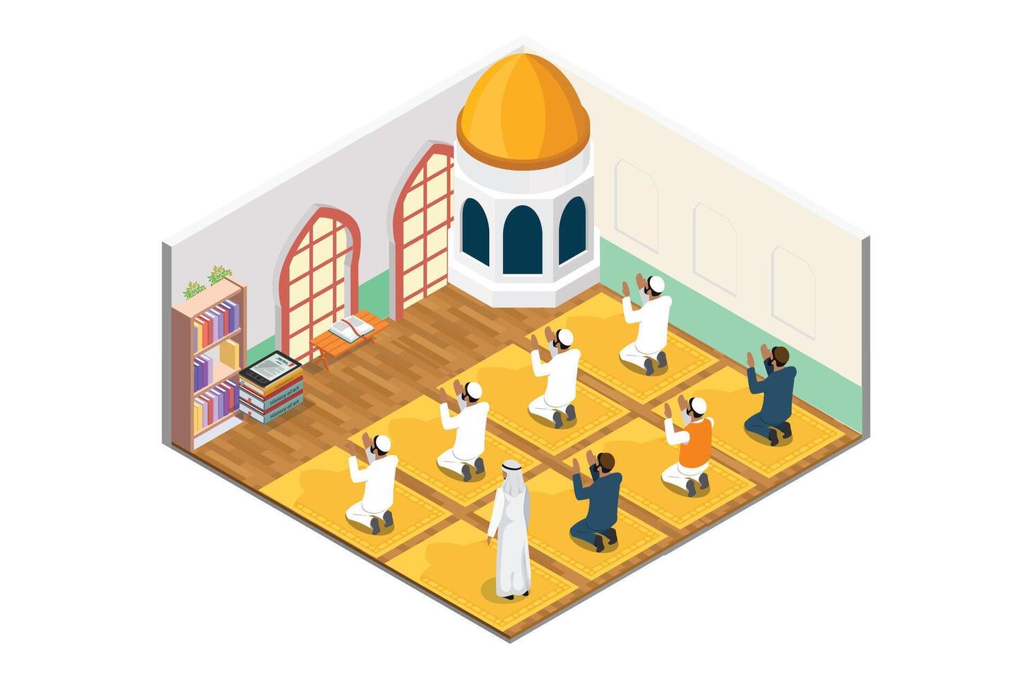 ilustração Rezar dentro islamismo isométrico composição com religioso líder e muçulmanos em tapetes em branco fundo vetor ilustração, adequado para diagramas, infográficos, livro ilustração