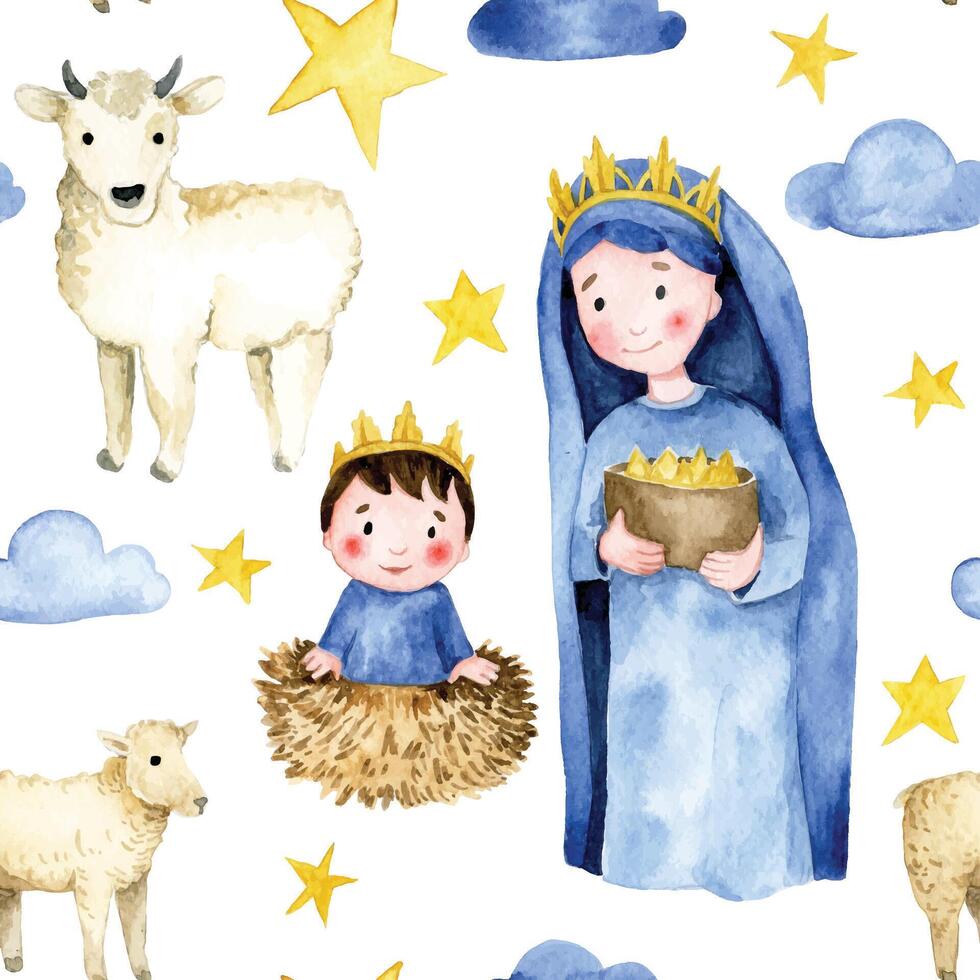 desatado padronizar. manjedoura com pequeno Jesus e sensato homens, Natal ilustração para crianças. aguarela desenhando vetor