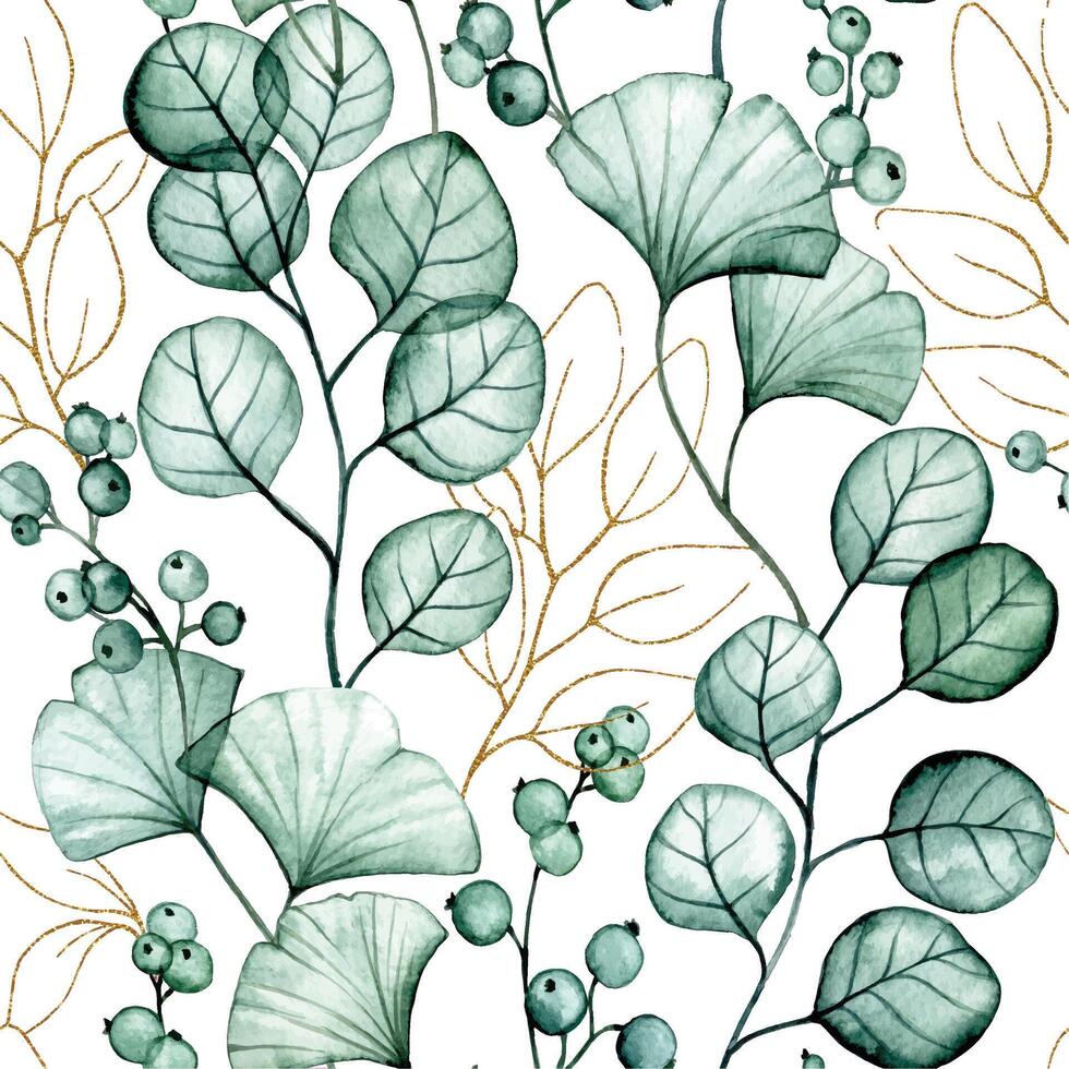 aguarela desatado padronizar com transparente ginkgo e eucalipto folhas e ouro folhas. impressão vetor