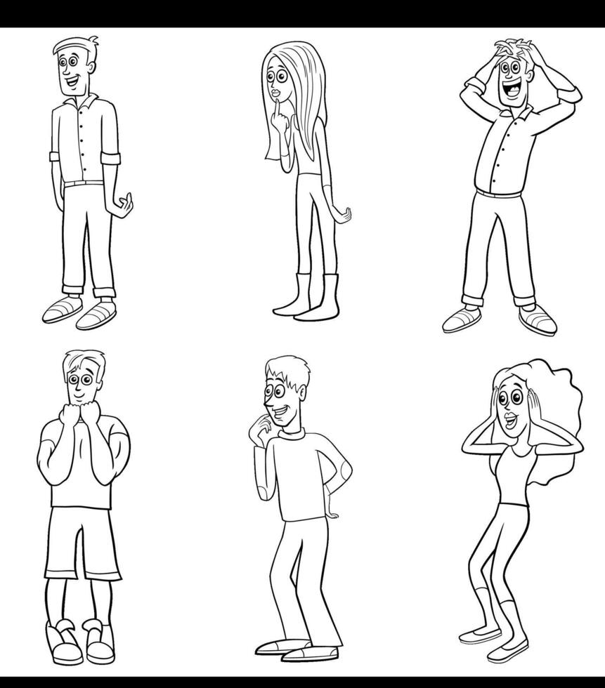 desenho animado surpreso jovem pessoas personagens conjunto coloração página vetor