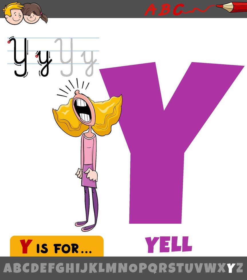 carta y a partir de alfabeto com desenho animado ilustração do grito frase vetor
