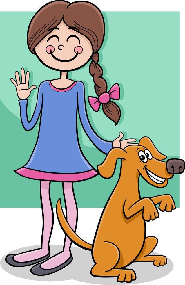 desenho animado adolescente menina com engraçado cachorro personagem vetor