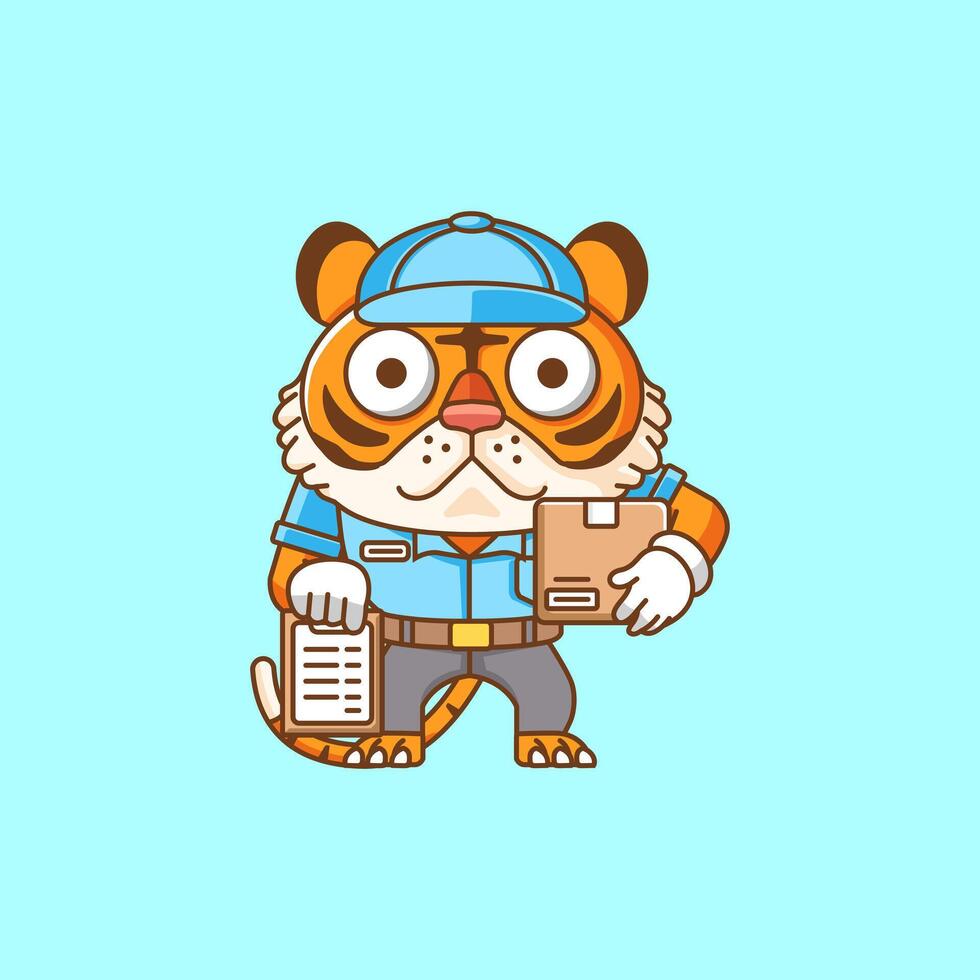 fofa tigre correio pacote Entrega animal chibi personagem mascote ícone plano linha arte estilo ilustração conceito vetor