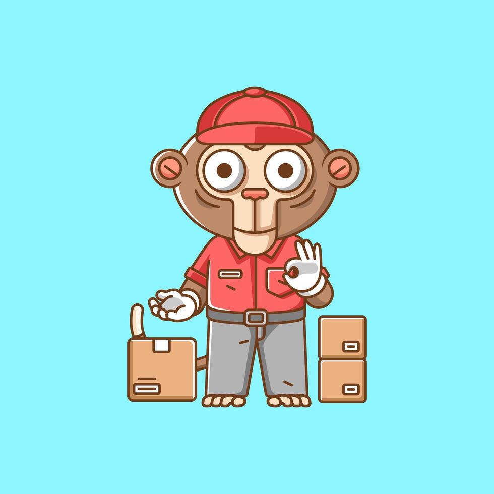 fofa macaco correio pacote Entrega animal chibi personagem mascote ícone plano linha arte estilo ilustração conceito desenho animado vetor