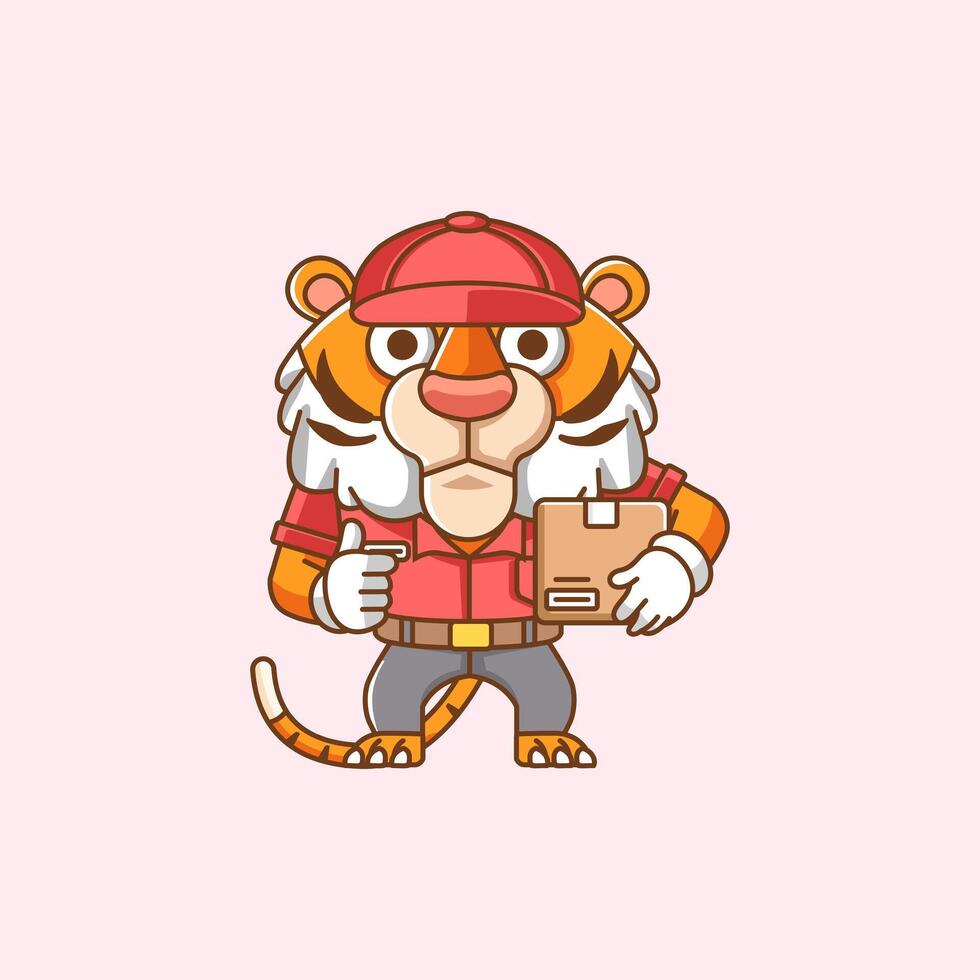 fofa tigre correio pacote Entrega animal chibi personagem mascote ícone plano linha arte estilo ilustração conceito desenho animado conjunto coleção vetor