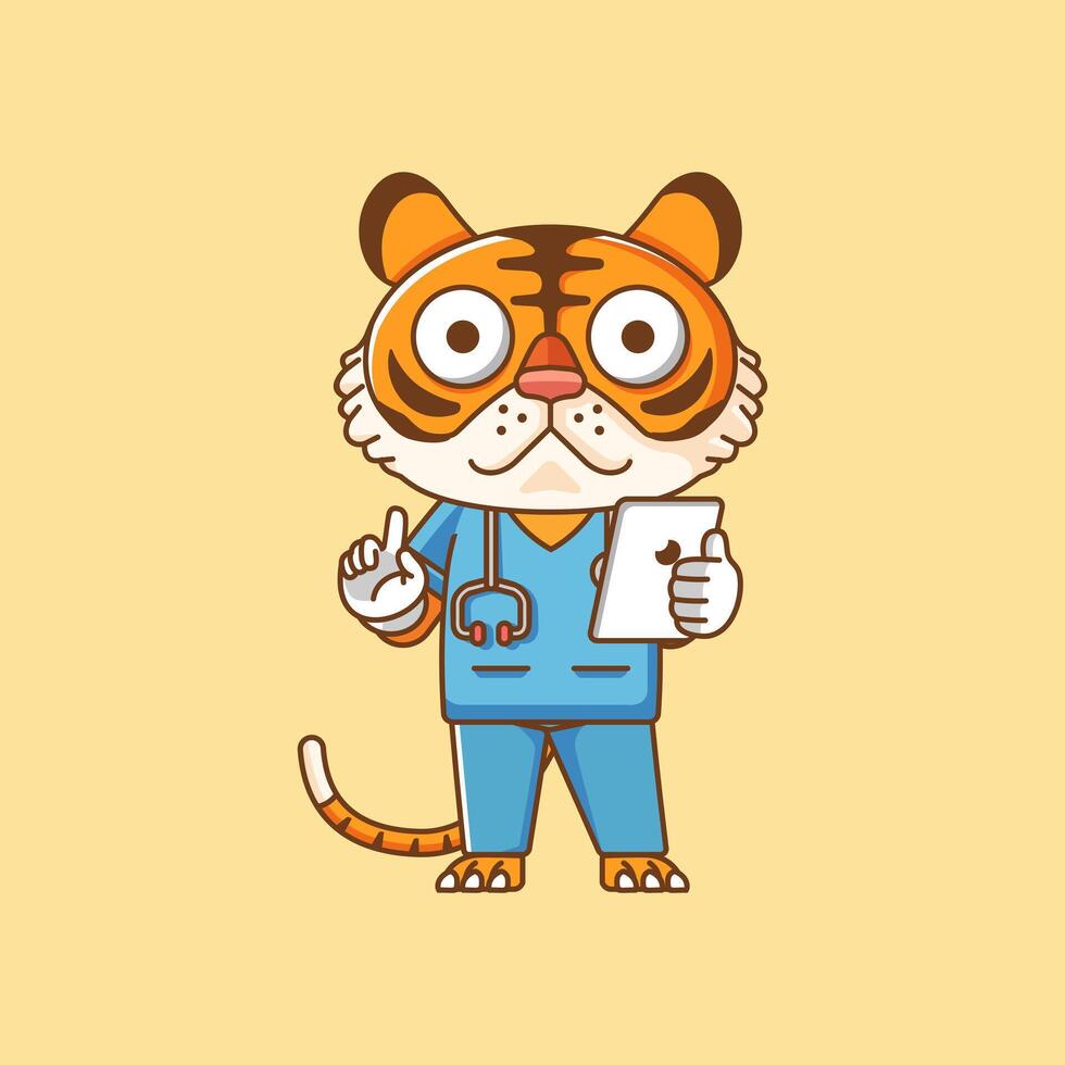 fofa tigre médico médico pessoal chibi personagem mascote ícone plano linha arte estilo ilustração conceito desenho animado vetor