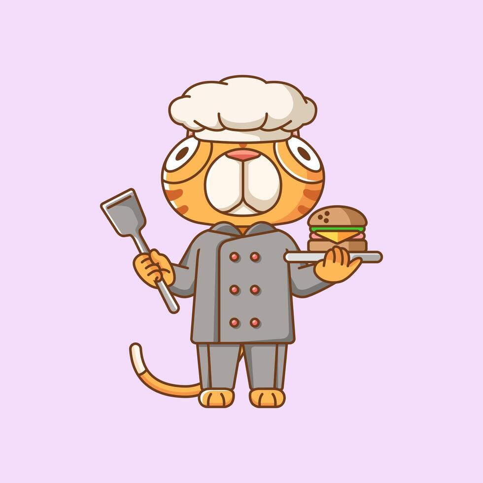 fofa gato chefe de cozinha cozinhar servir Comida animal chibi personagem mascote ícone plano linha arte estilo ilustração conceito desenho animado vetor