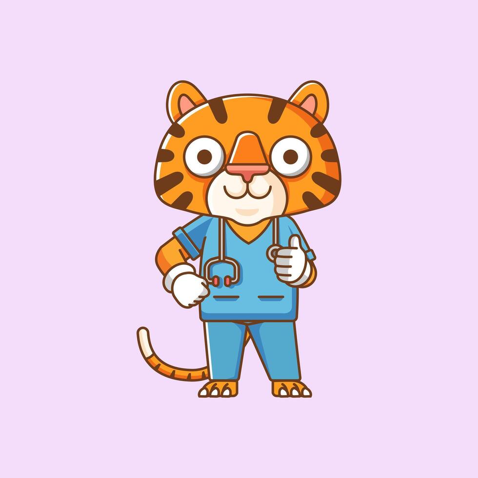 fofa tigre médico médico pessoal chibi personagem mascote ícone plano linha arte estilo ilustração conceito desenho animado vetor