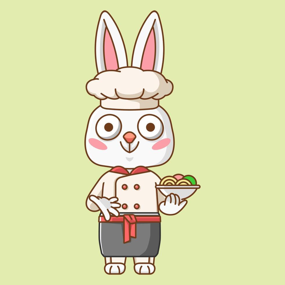 fofa Coelho chefe de cozinha cozinhar servir Comida animal chibi personagem mascote ícone plano linha arte estilo ilustração conceito desenho animado vetor