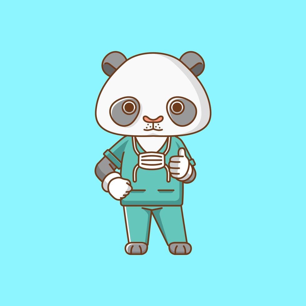 fofa panda médico médico pessoal chibi personagem mascote ícone plano linha arte estilo ilustração conceito desenho animado vetor