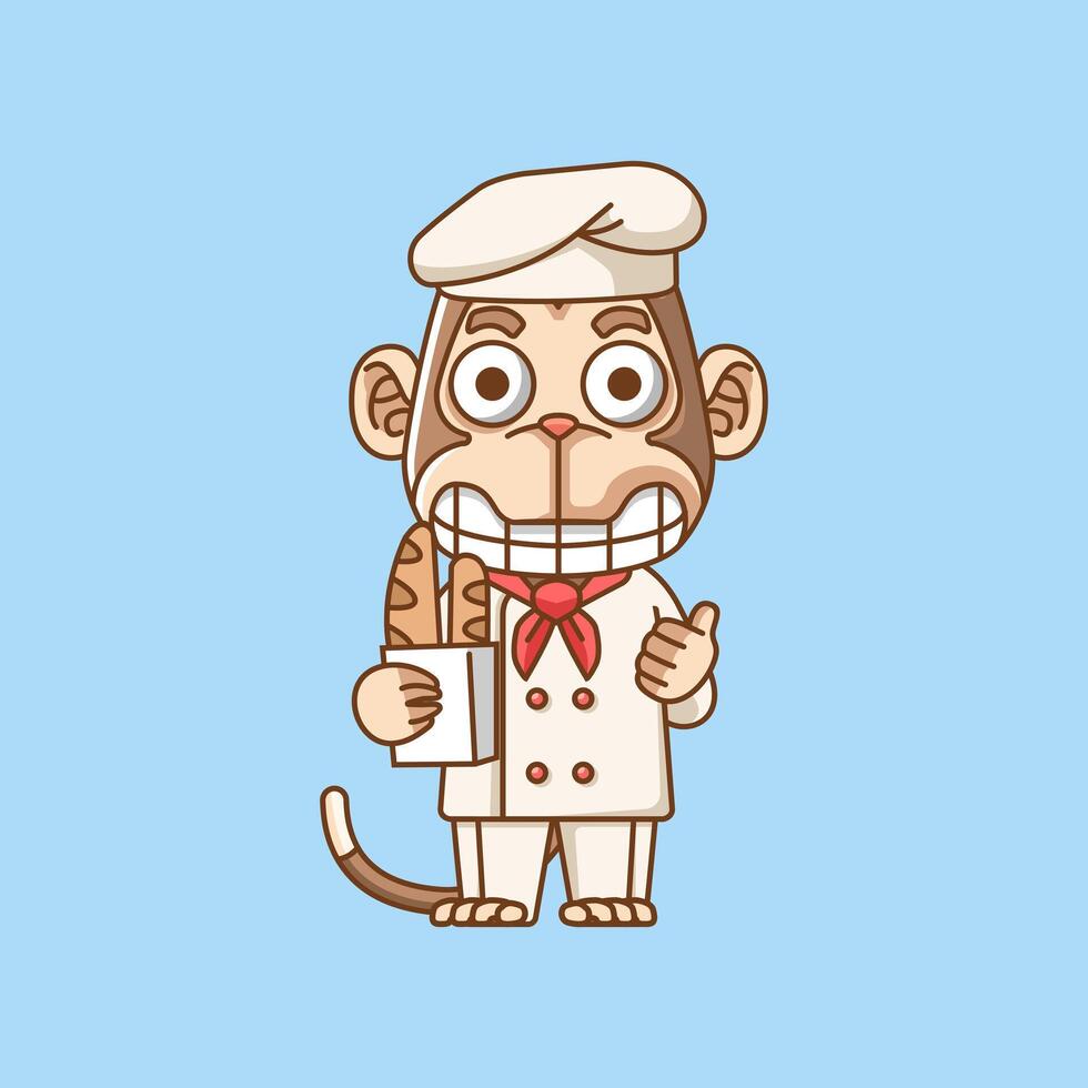 fofa macaco chefe de cozinha cozinhar servir Comida animal chibi personagem mascote ícone plano linha arte estilo ilustração conceito desenho animado vetor