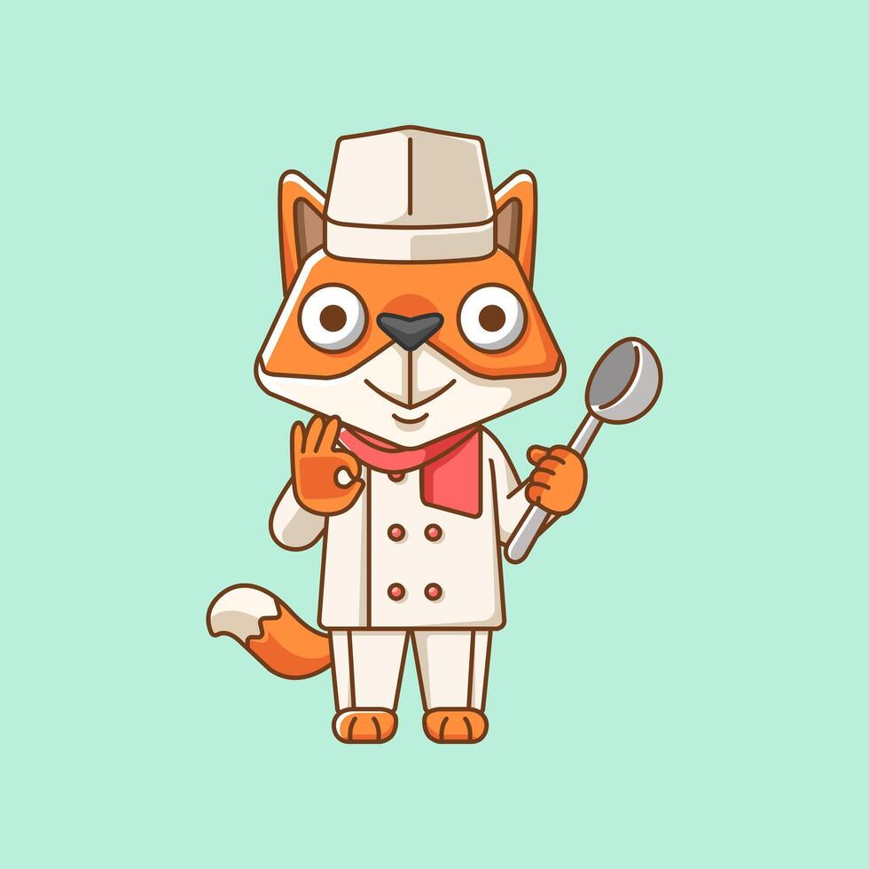 fofa Raposa chefe de cozinha cozinhar servir Comida animal chibi personagem mascote ícone plano linha arte estilo ilustração conceito desenho animado vetor