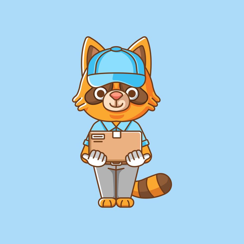 fofa guaxinim correio pacote Entrega animal chibi personagem mascote ícone plano linha arte estilo ilustração conceito desenho animado vetor