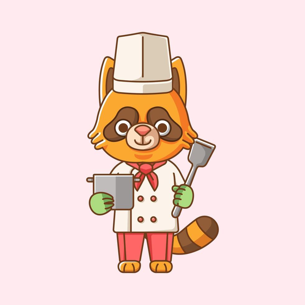 fofa guaxinim chefe de cozinha cozinhar servir Comida animal chibi personagem mascote ícone plano linha arte estilo ilustração conceito desenho animado vetor