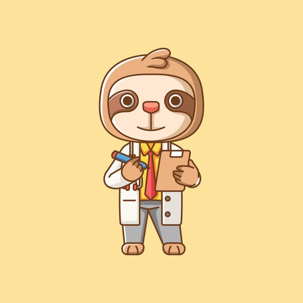 fofa bicho-preguiça médico médico pessoal chibi personagem mascote ícone plano linha arte estilo ilustração conceito desenho animado vetor