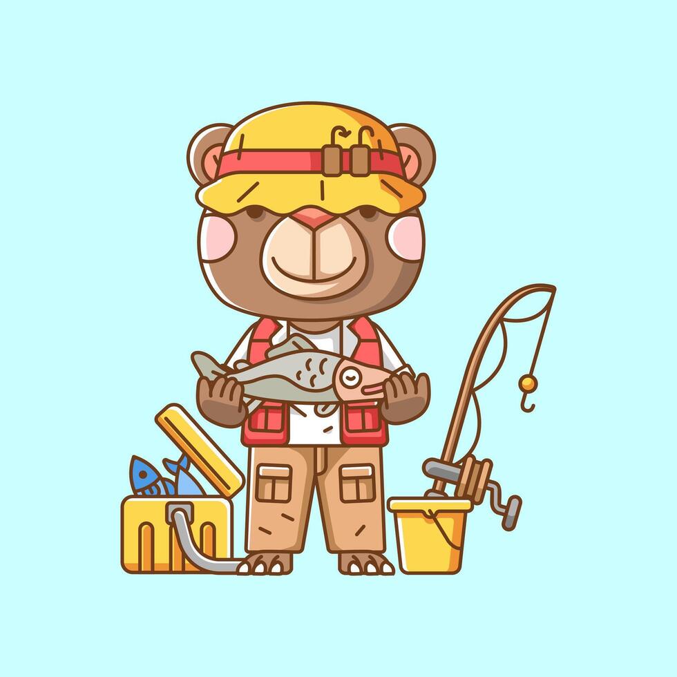 fofa Urso pescador pescaria animal chibi personagem mascote ícone plano linha arte estilo ilustração conceito desenho animado vetor