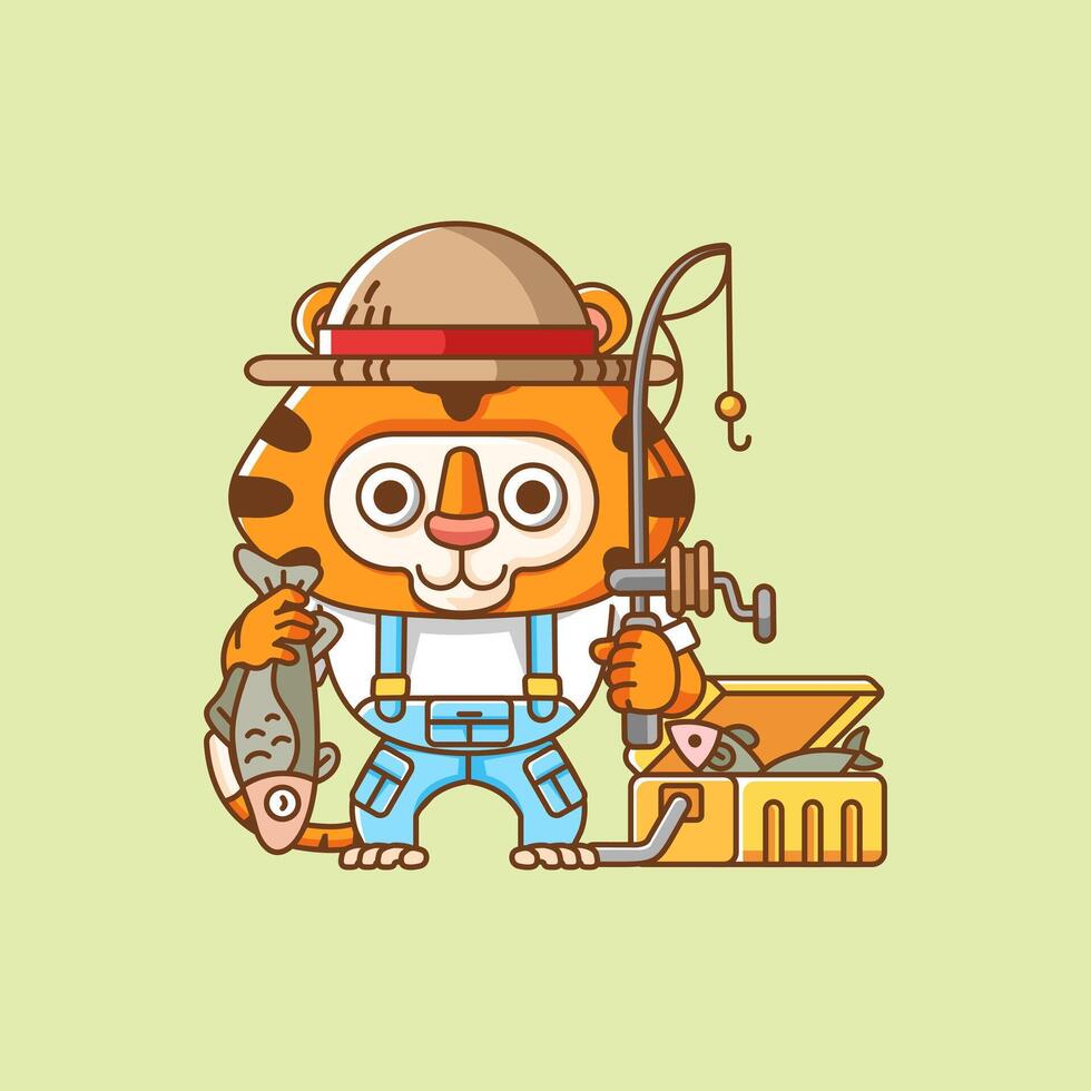 fofa tigre pescador pescaria animal chibi personagem mascote ícone plano linha arte estilo ilustração conceito desenho animado vetor