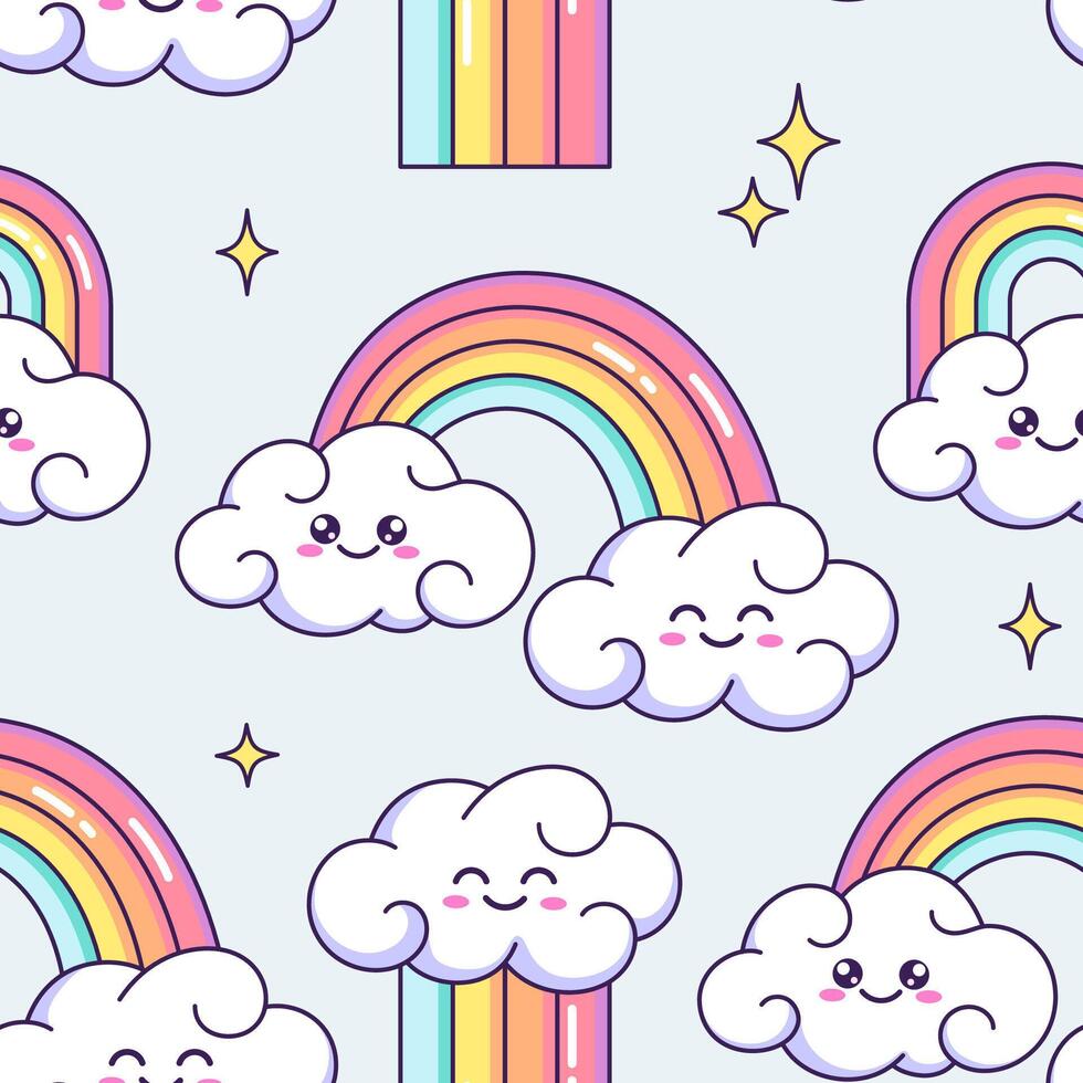 fofa desenho animado arco-íris com sorridente nuvens e estrelas desatado padrão, fundo. crianças, crianças vetor ilustrações, desenhos