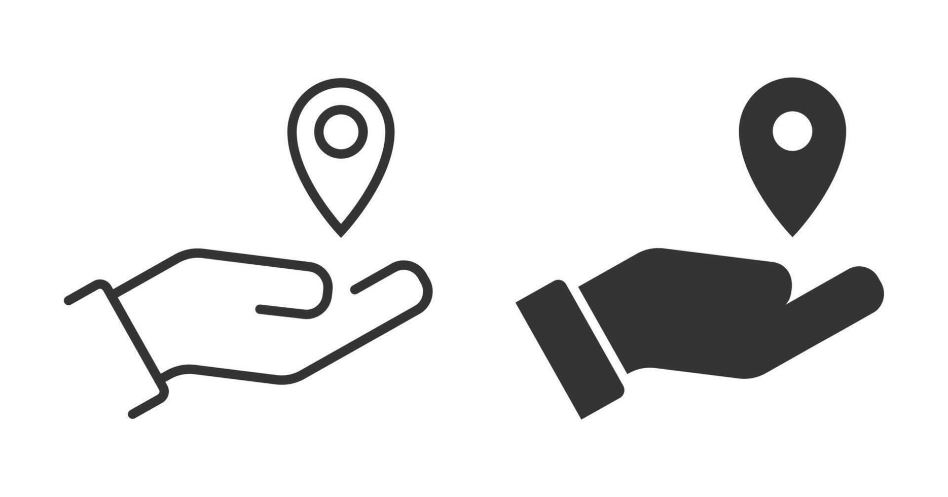 PIN ponto logotipo em uma mão. Palma e localização ícone. destino símbolo. vetor ilustração.