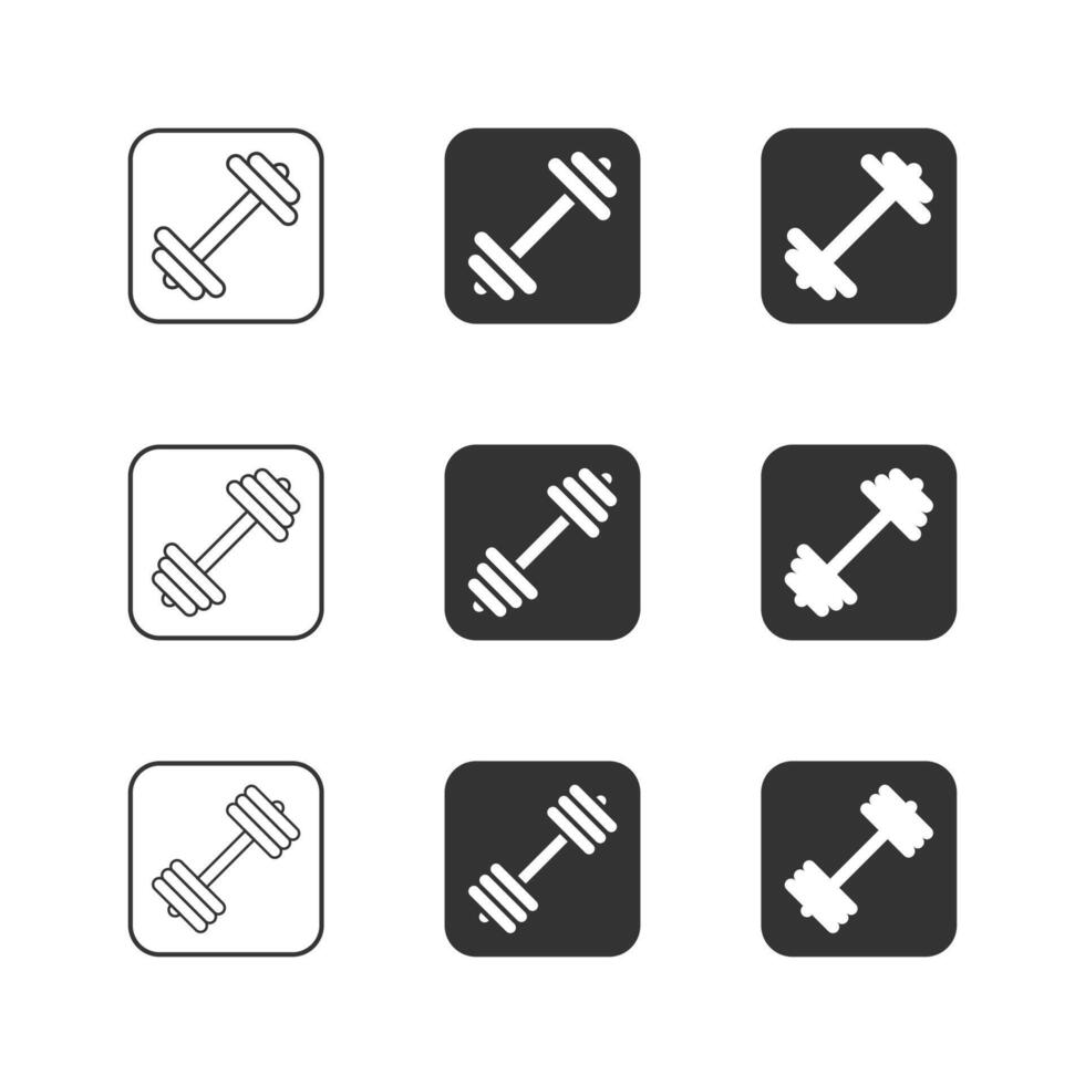 haltere, ícone definir. halteres do diferente pesos. esboço e sólido logotipo. plano vetor ilustração.