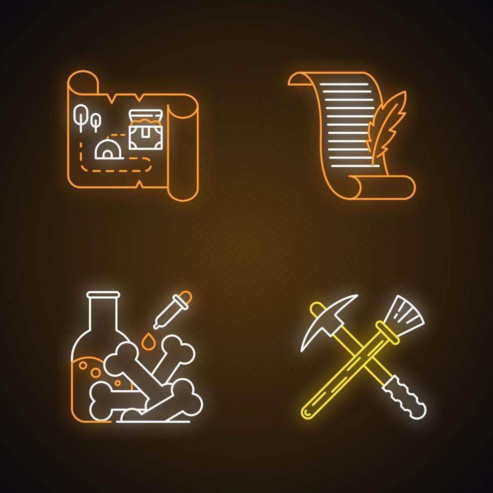 conjunto de ícones de luz de néon de arqueologia. mapa do tesouro. manuscrito antigo. pesquisa de laboratório. equipamento de restauração. descobertas históricas. poesia, carta. sinais brilhantes. ilustrações isoladas de vetor