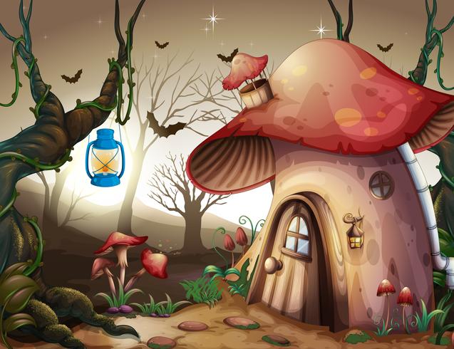 Casa de cogumelo na floresta escura vetor