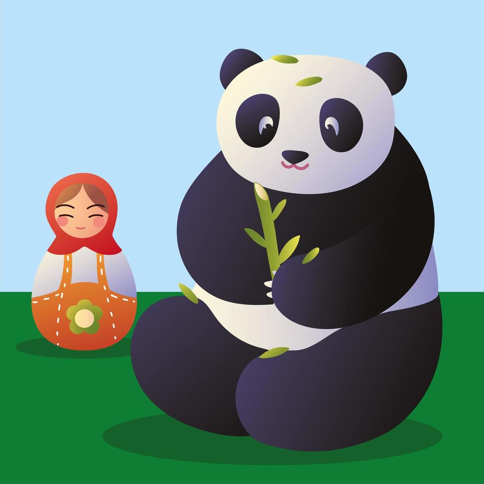 panda com boneca matryoshka vetor