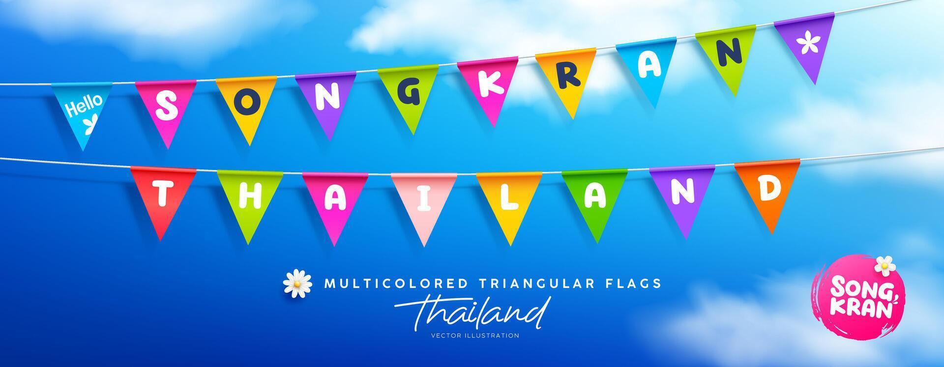 songkran água festival tailândia, colorida triangular bandeiras, coleções bandeira Projeto em nuvem e céu azul fundo, eps 10 vetor ilustração