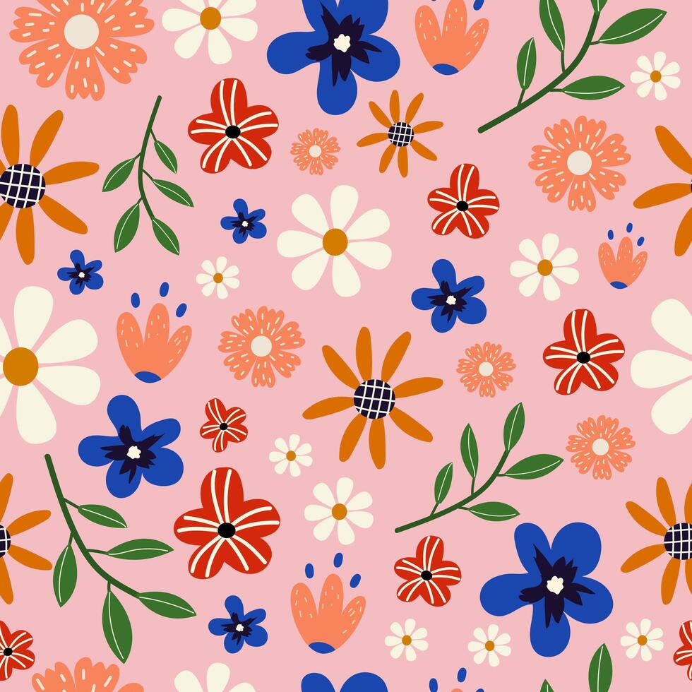 floral desatado padronizar dentro rabisco estilo. criativo floral textura. Primavera diferente flores em Rosa fundo. ótimo para tecido, têxtil vetor ilustração.