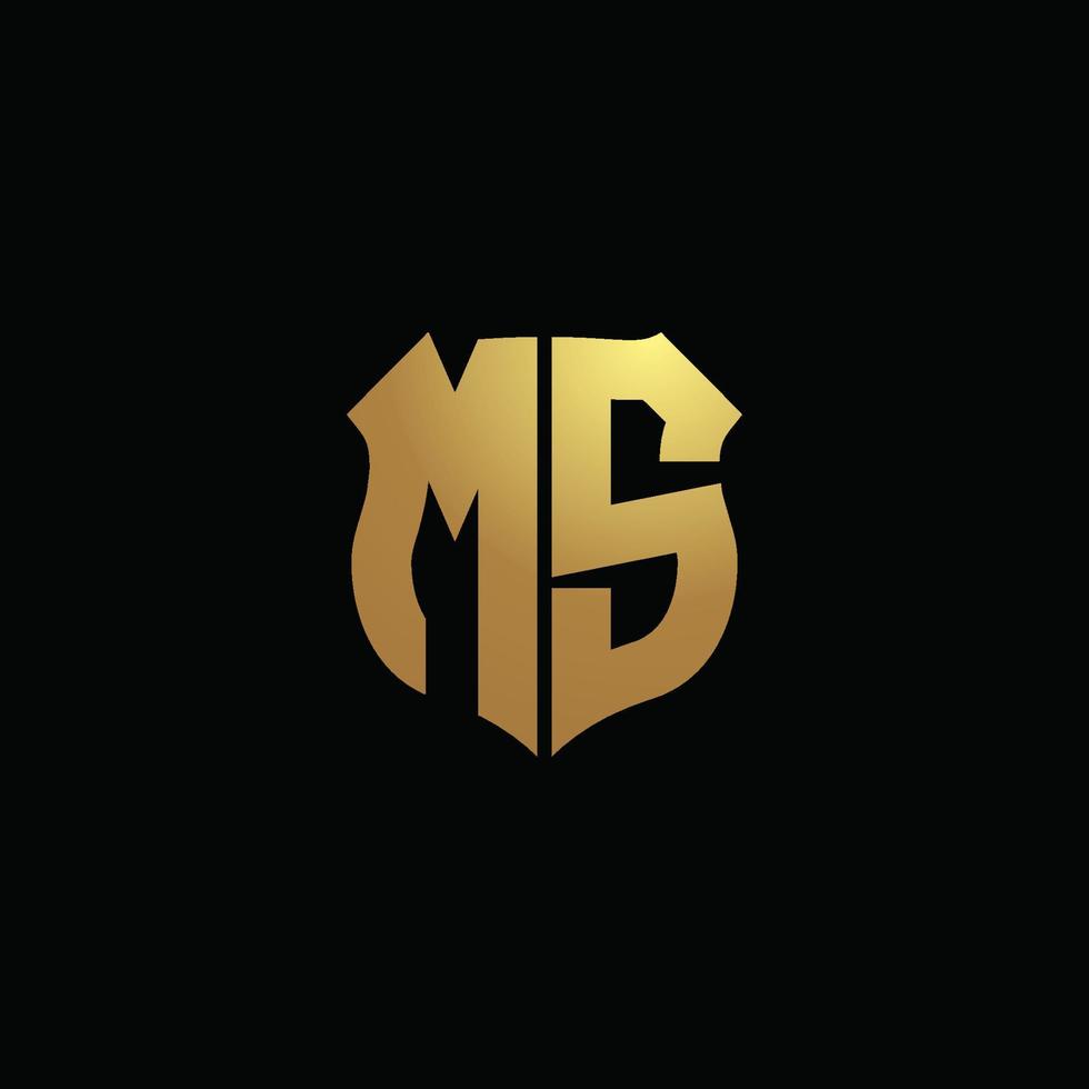 Monograma do logotipo da ms com cores douradas e modelo de design de forma de escudo vetor