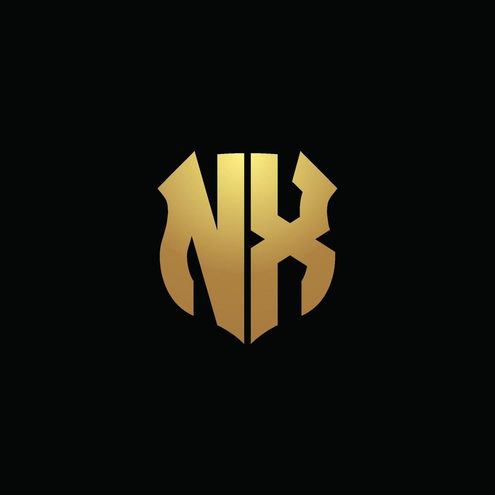 Monograma do logotipo nx com cores douradas e modelo de design de forma de escudo vetor
