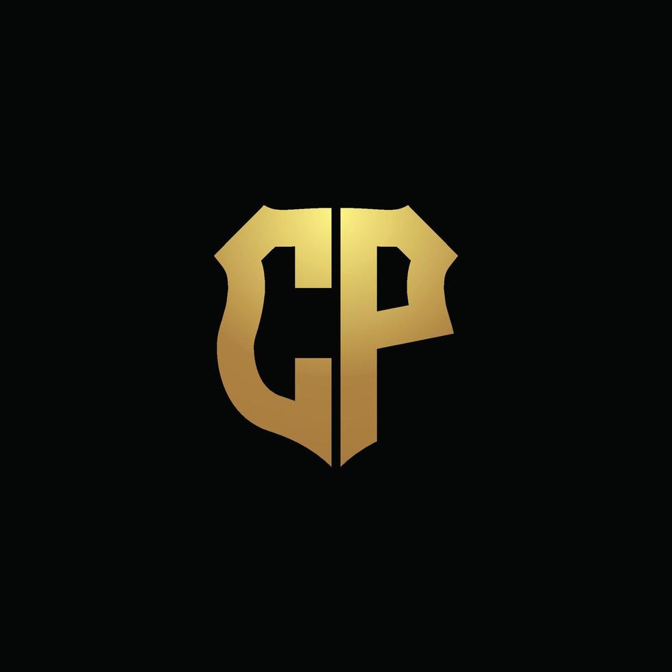 Monograma do logotipo da cp com cores douradas e modelo de design de forma de escudo vetor